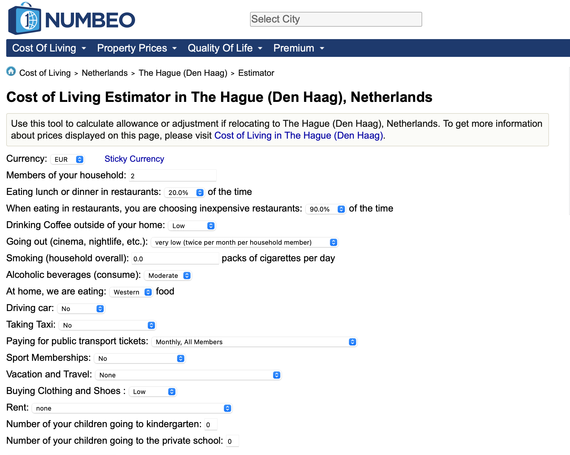 Numbeo estimator configuration